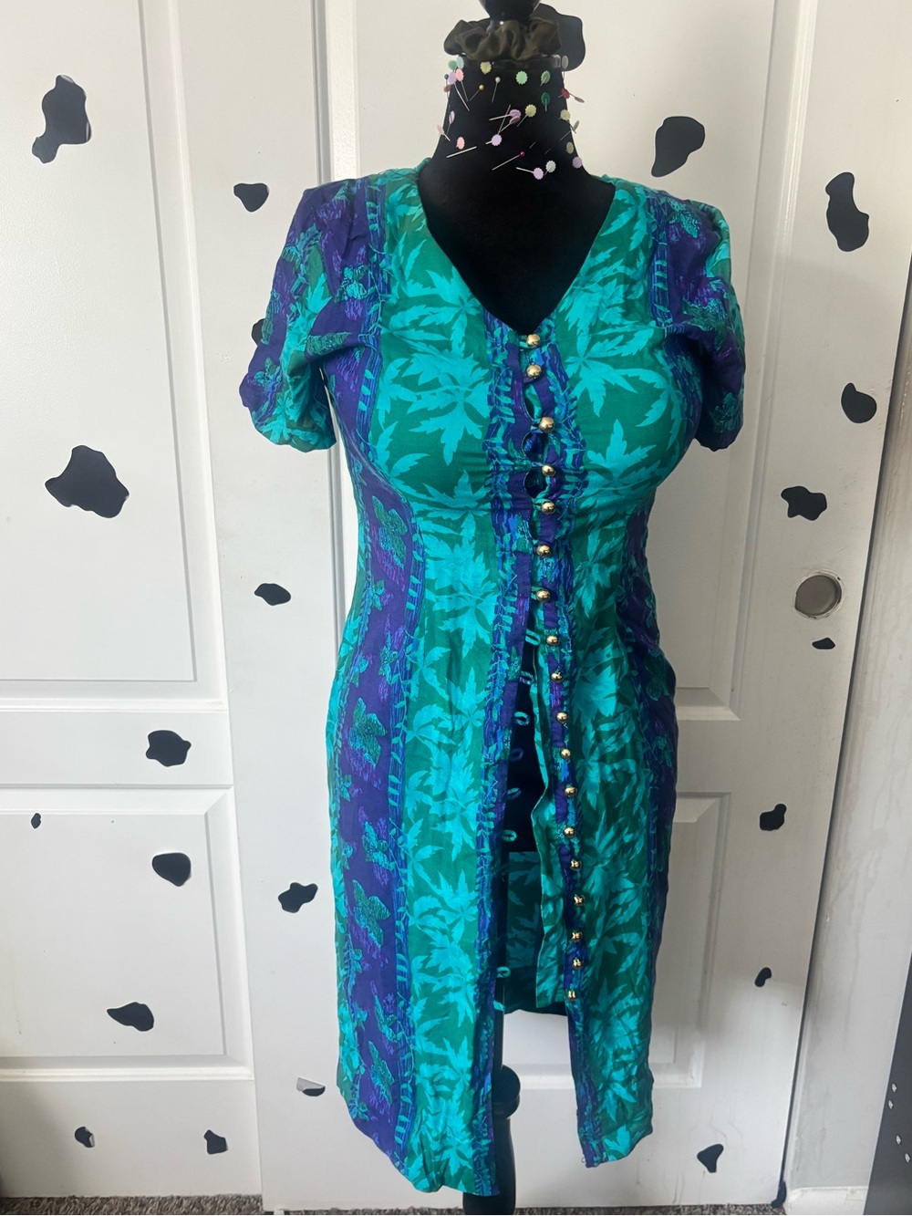 V-Neck Teal and Purple Button-Front Midi Dress